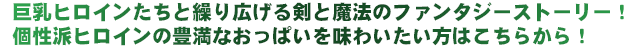 巨乳ヒロインたちと繰り広げる剣と魔法のファンタジーストーリー！
個性派ヒロインの豊満なおっぱいを味わいたい方はこちらから！